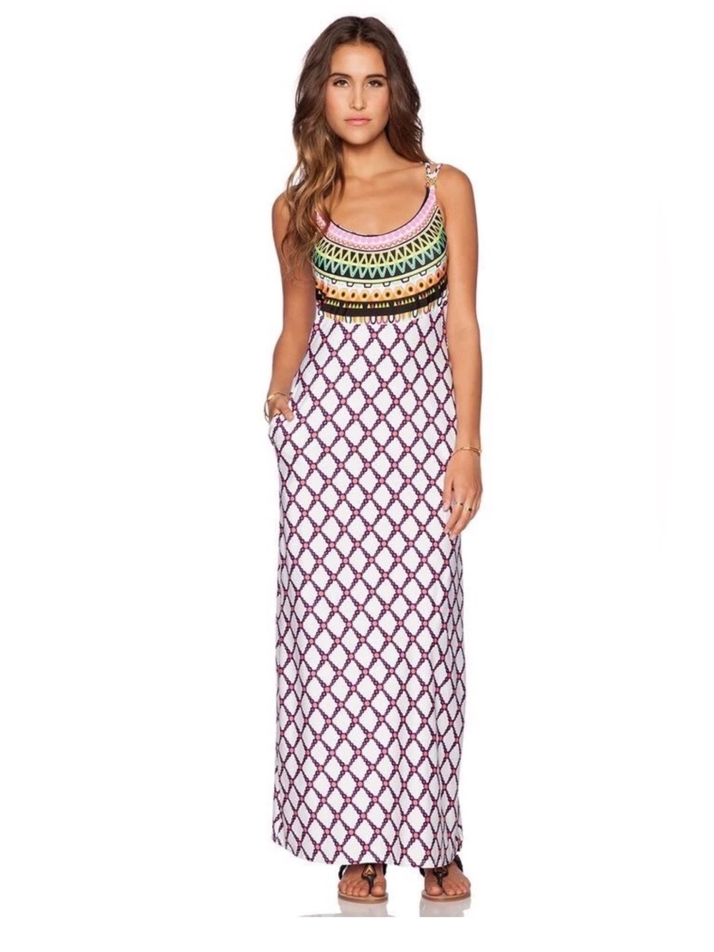 Trina Turk Printed Sleeveless swim cover maxi Dress Boho Geometric sz Medium